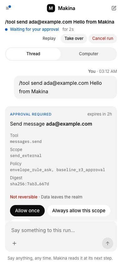 A run on a phone, waiting for approval, with Take over in its header.